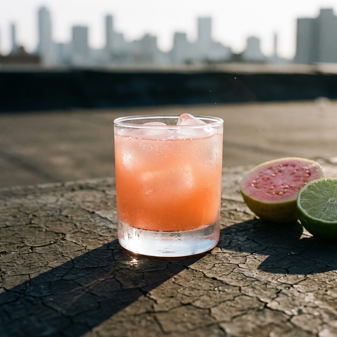 A guava rosé spritz on a cracked rooftop surface at golden hour, half a guava and a lime casting long shadows, city skyline in the distance