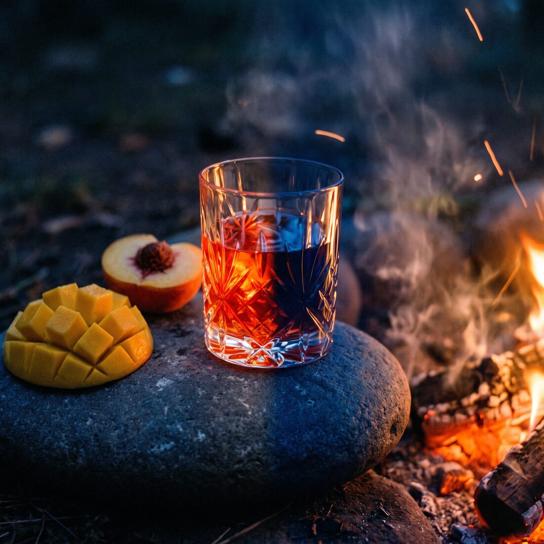 A Mango Lambrusco on a river stone beside a campfire, sparks drifting through the smoke