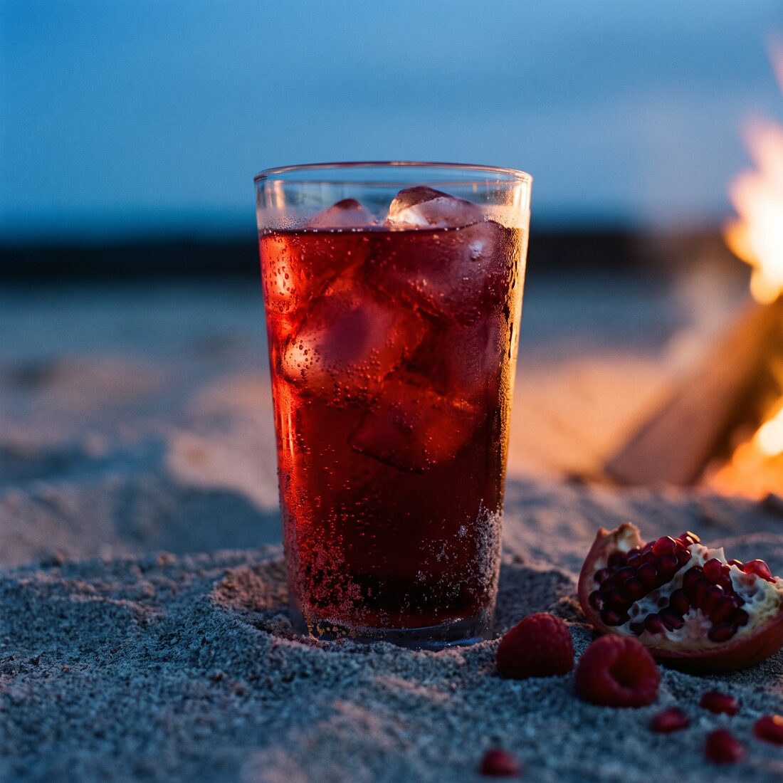 A tall raspberry and pomegranate spritz pushed into beach sand beside a bonfire at blue hour, a halved pomegranate and raspberries lying in the sand