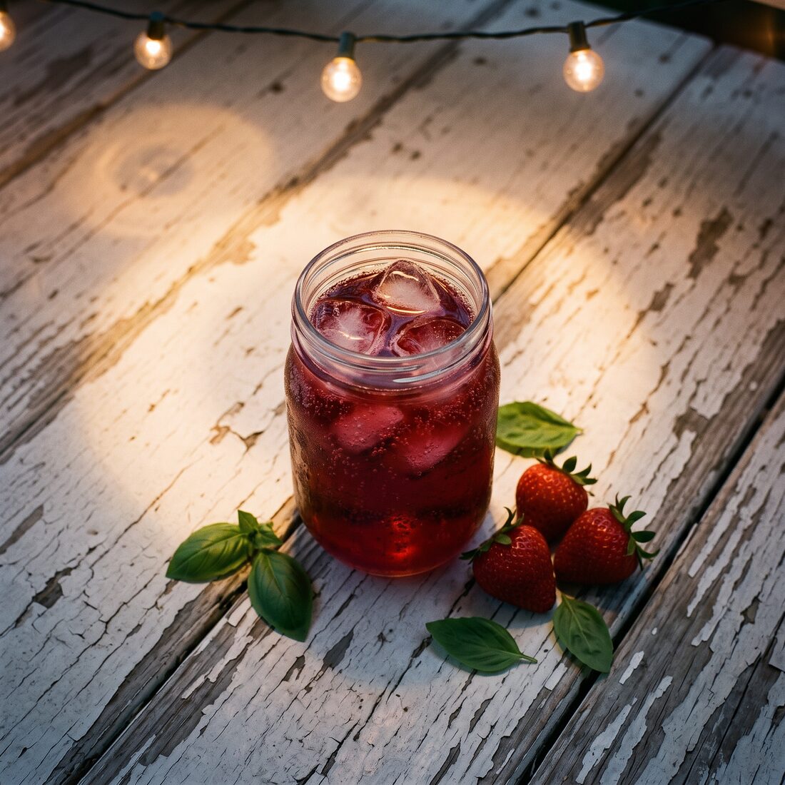 A strawberry sbagliato in a glass jar on a weathered porch table at sunset, string lights strung overhead, strawberries and basil beside the glass