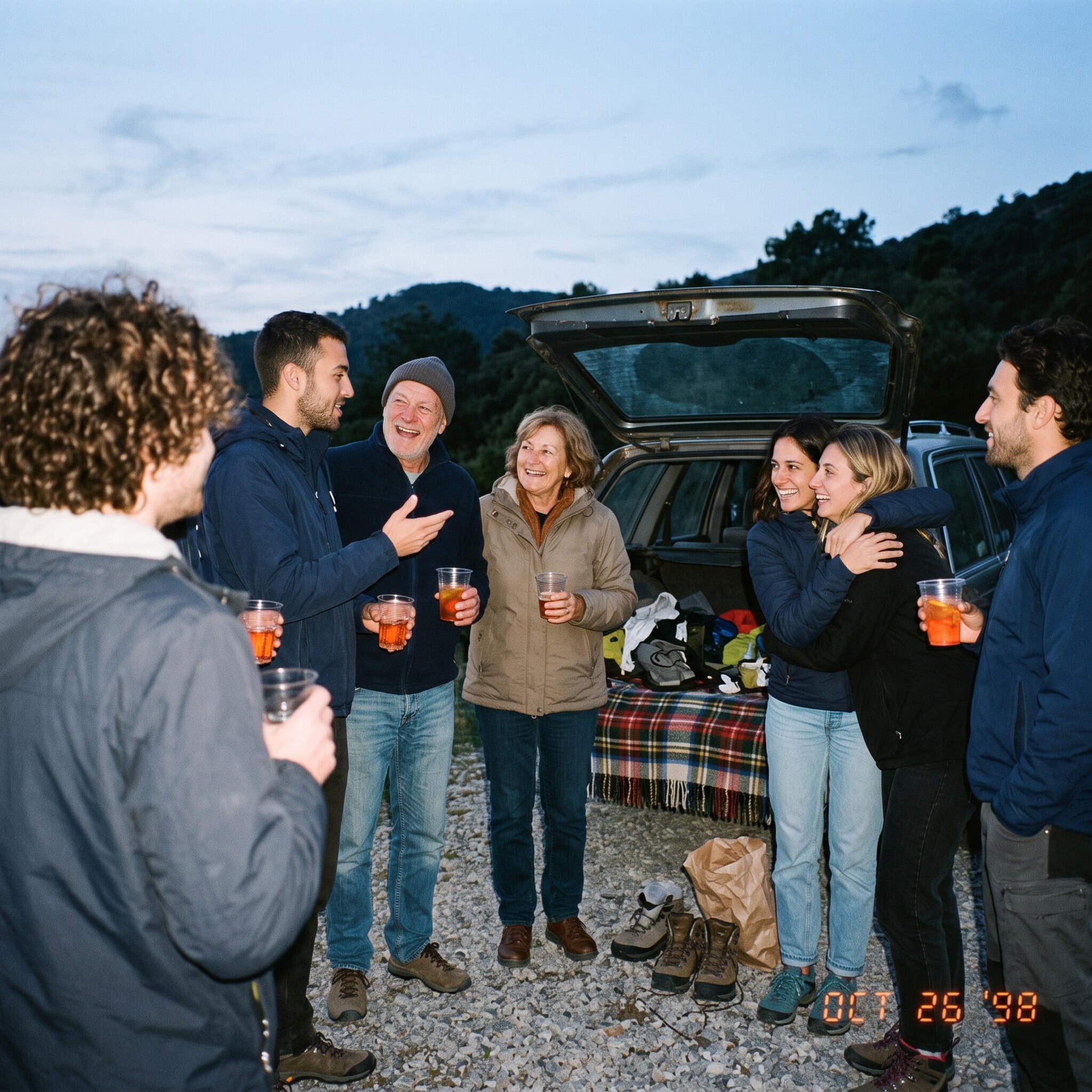 Friends around an open tailgate at dusk, hills behind