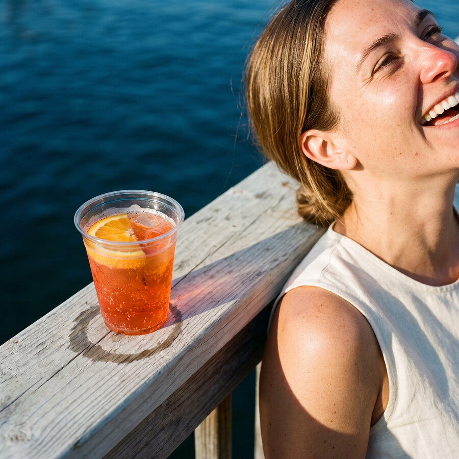 A woman laughing beside a cup of orange spritz on a sun-bleached dock rail, blue water behind