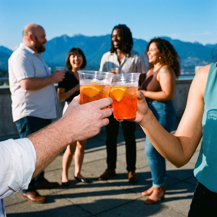 Two clear plastic cups of orange spritz meeting in a toast on a rooftop in hard afternoon sun