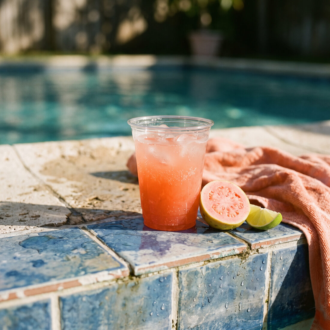 A Guava Rose on blue pool tiles beside a coral towel