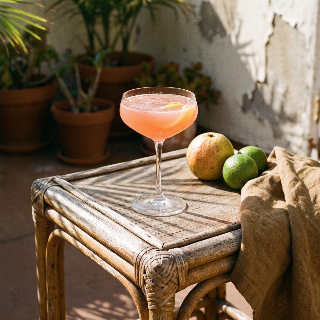 A blush-pink guava rosé spritz in a coupe on a rattan side table, a whole guava and two limes beside it, terracotta pots along the wall behind