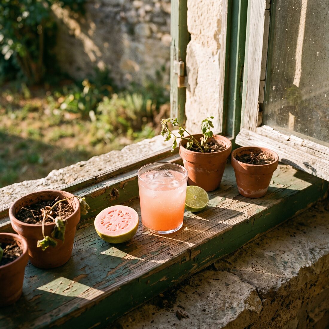 A pink guava spritz on a weathered green-painted windowsill between small terracotta pots, half a guava and a lime beside it, garden visible behind