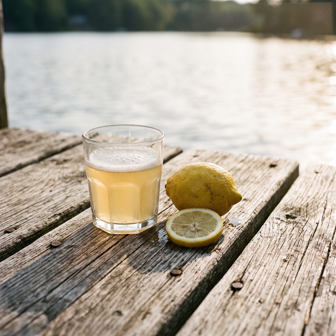A limoncello spritz on the sun-bleached boards at the end of a lake dock, a whole lemon and a cut half beside it, open water behind