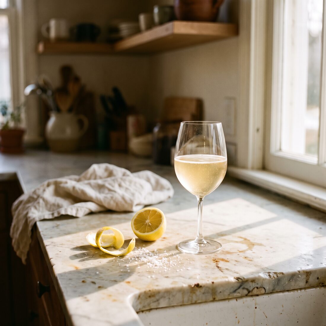 A pale limoncello spritz in a wine glass on a marble kitchen counter, cut lemons and a curl of peel beside it, sunlight coming through the window