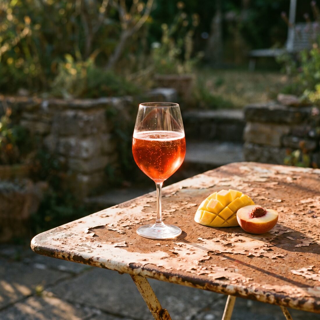 A Mango Lambrusco on a weathered garden bistro table with cut mango and peach