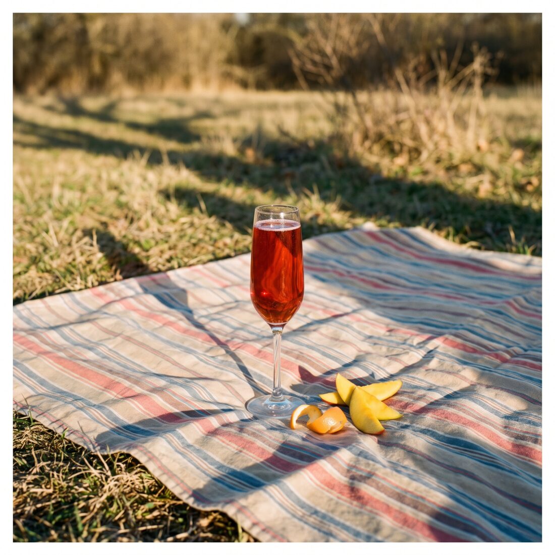 A mango lambrusco in a champagne flute on a striped blanket laid over dry field grass, mango slices and peel beside it