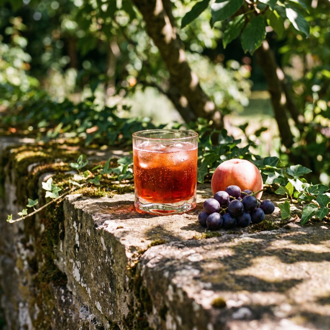 A mango lambrusco over ice on a mossy stone garden wall, black grapes and a peach beside the glass, tree branches overhead