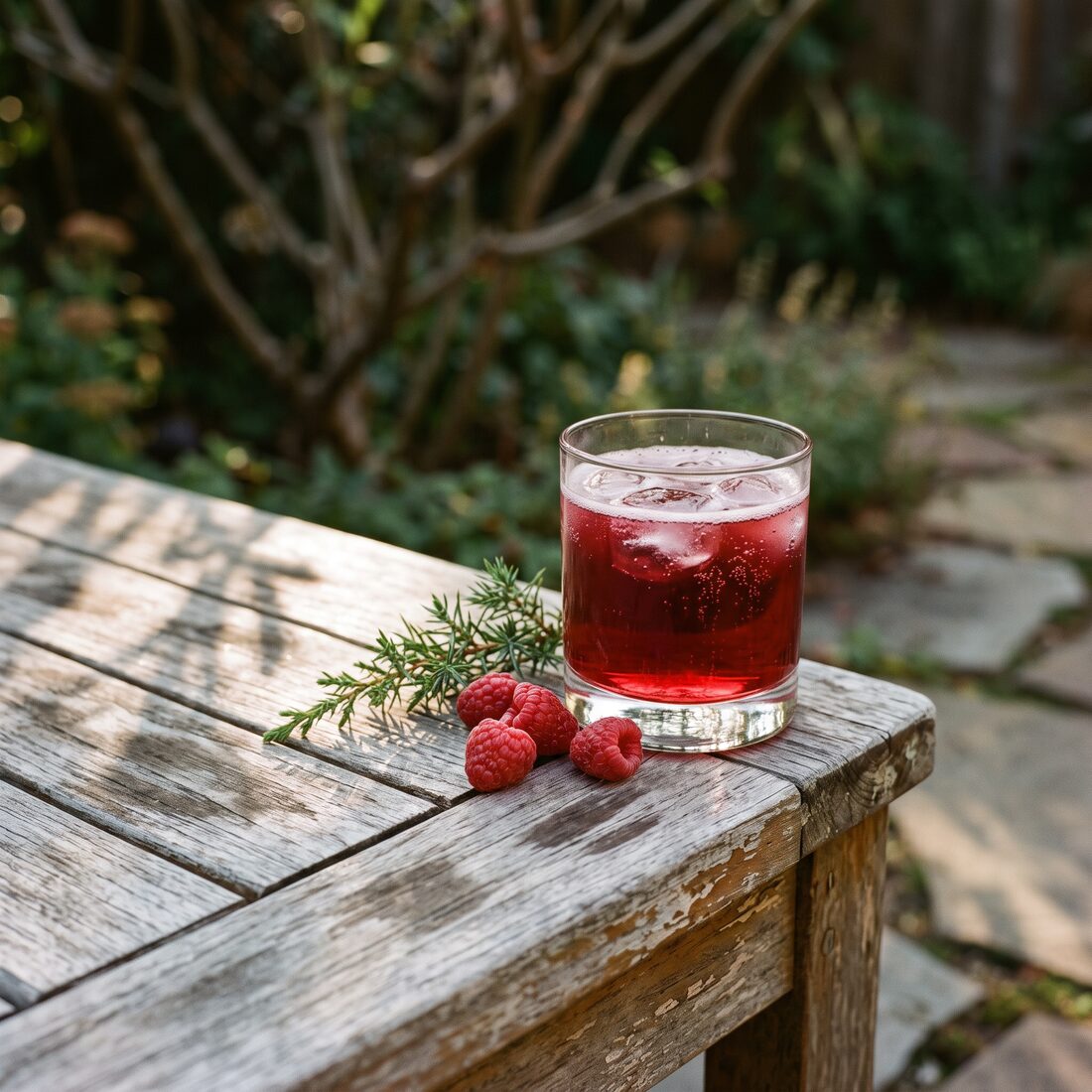 A raspberry and pomegranate spritz over ice on a weathered wooden garden bench, raspberries and a sprig of rosemary beside it in dappled shade