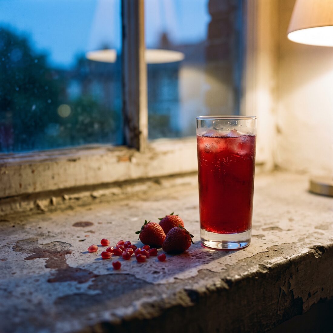 A Raspberry and Pomegranate Spritz on a window ledge at dusk, lamplight behind