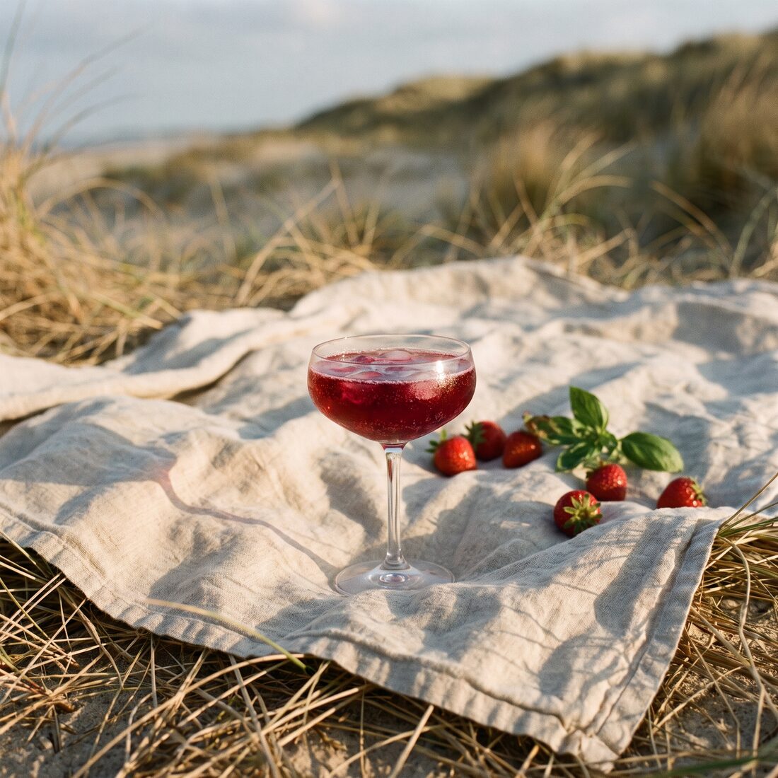 A strawberry sbagliato in a coupe on a linen blanket spread over beach grass, strawberries and basil scattered beside it