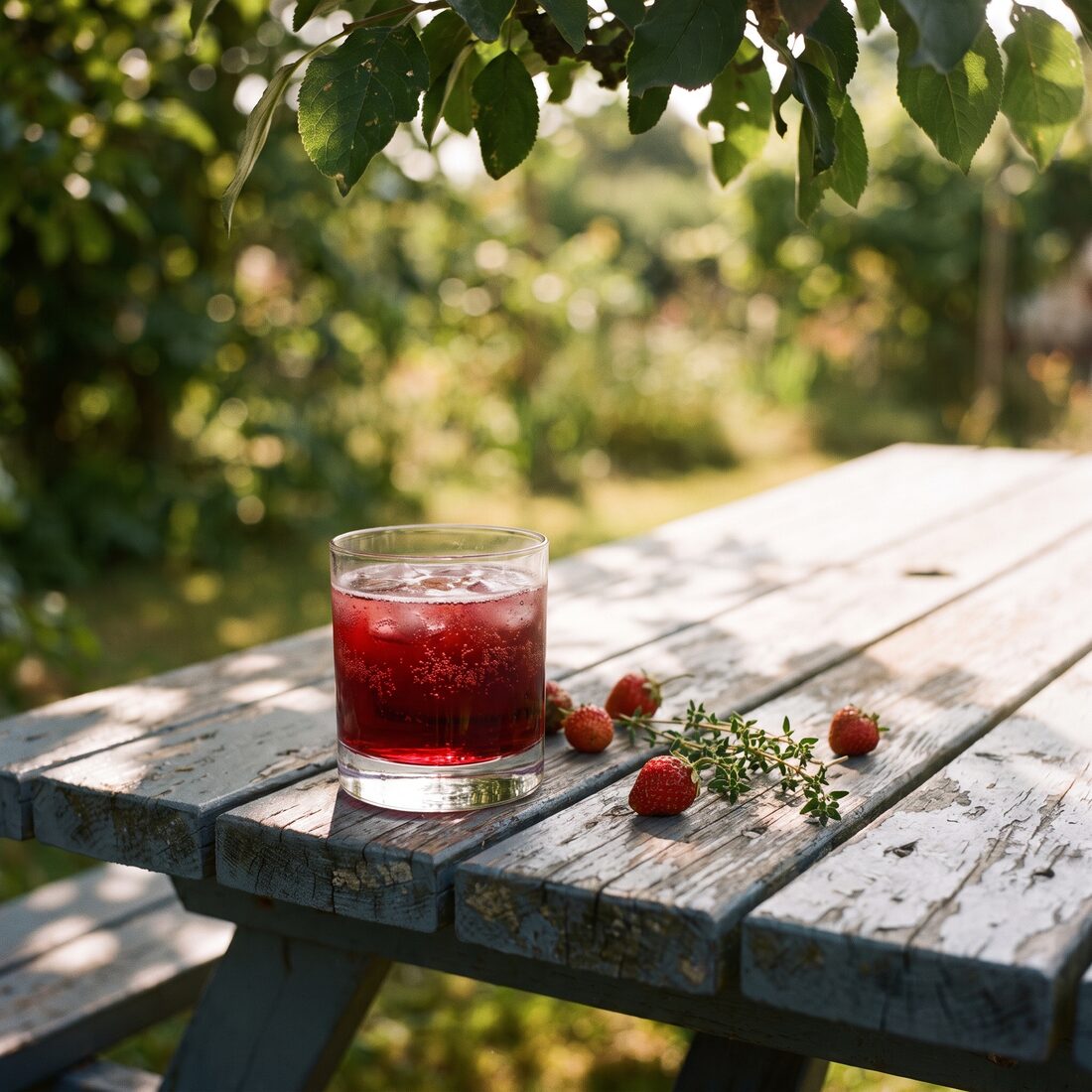 A red strawberry sbagliato over ice on a weathered wooden picnic table, strawberries and a sprig of thyme beside it, dappled sunlight under a tree
