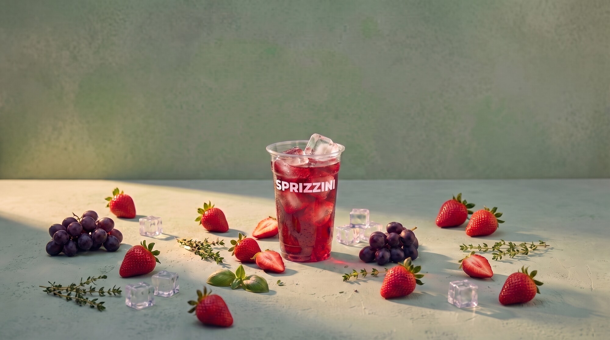 A Strawberry Sbagliato in a branded Sprizzini cup on a sage-green studio set, strawberries, thyme and grapes around it